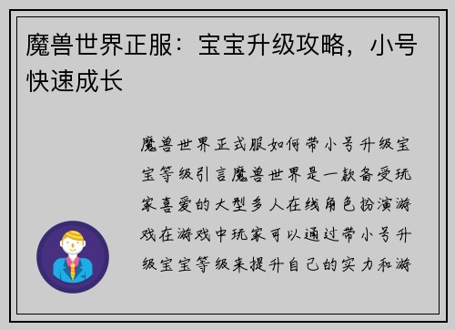 魔兽世界正服：宝宝升级攻略，小号快速成长